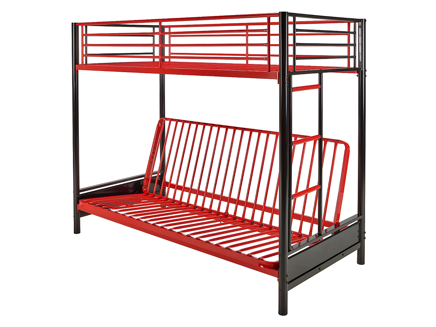 Lit mezzanine 90 x 190 cm - Avec banquette convertible - Métal - Noir et Rouge + Futon + Matelas - MODULO V