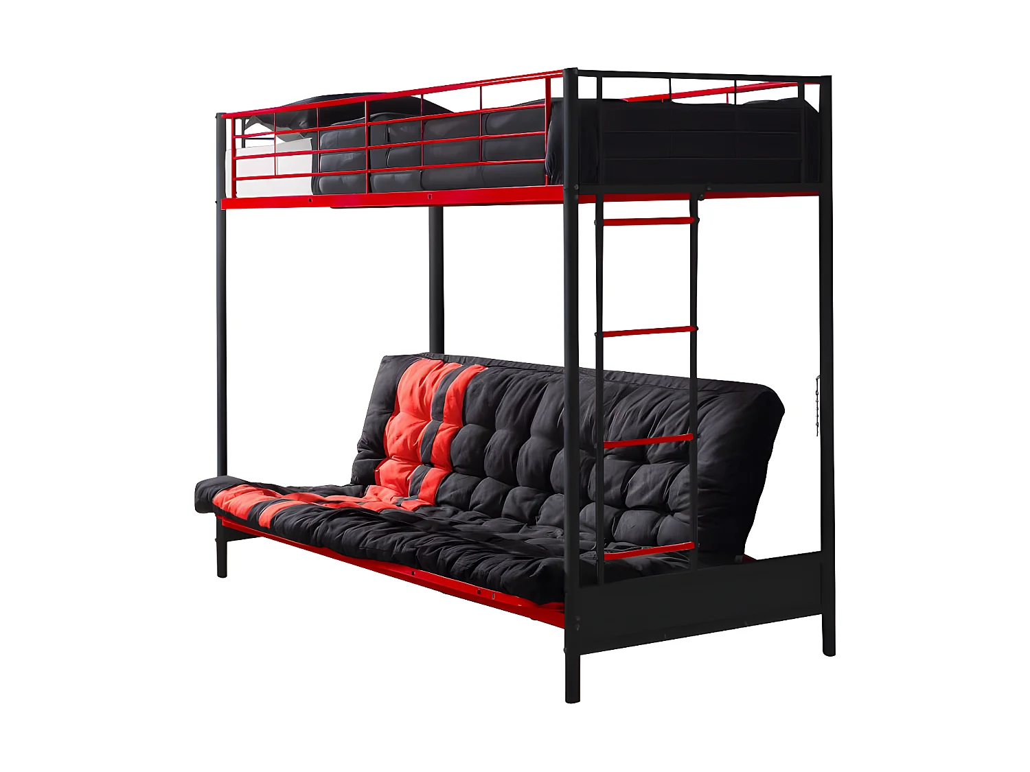 Lit mezzanine 90 x 190 cm - Avec banquette convertible - Métal - Noir et Rouge + Futon + Matelas - MODULO V