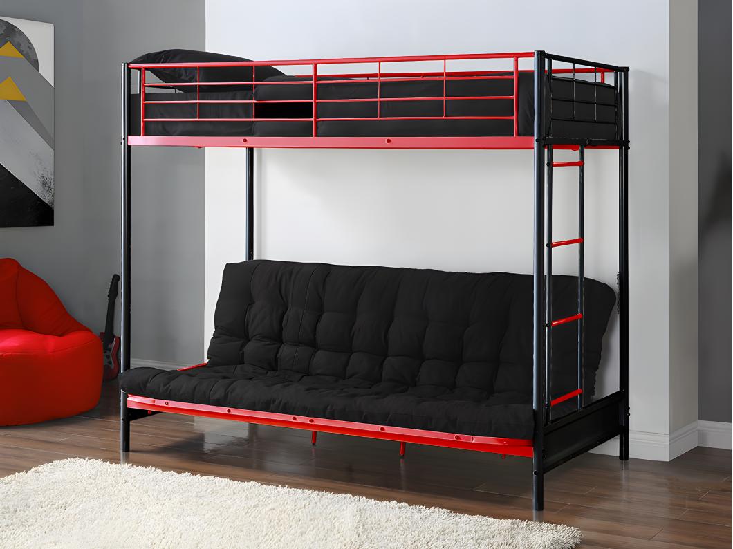 Cama alta 90 x 190 cm com banco convertível em metal preto e vermelho, futon e colchão - MODULO V