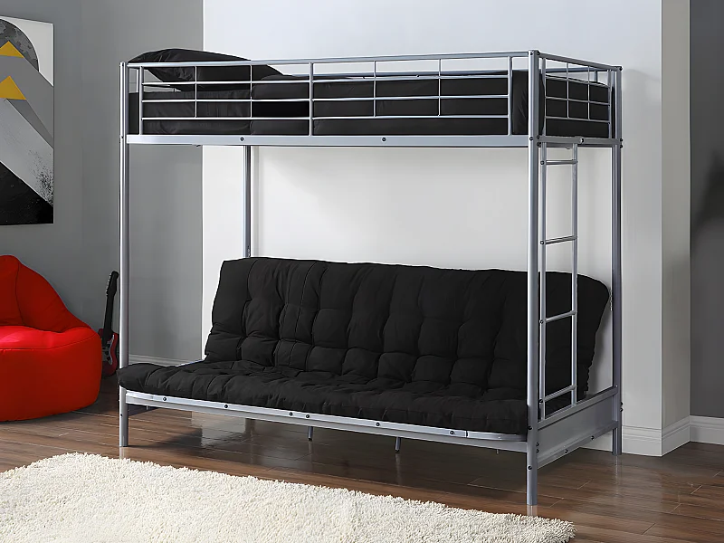 Hoogslaper 90 x 190 cm met uitklapbare bank - Zilverkleurig metaal + Futon + Matras - MODULO V