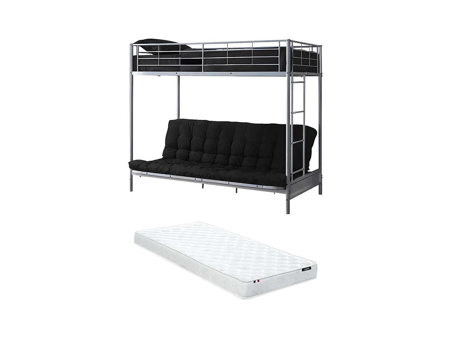 Hochbett mit Schlafsofa + Futonmatratze + Matratze - 90 x 190 cm - Metall - Silberfarben & Schwarz - MODULO IV