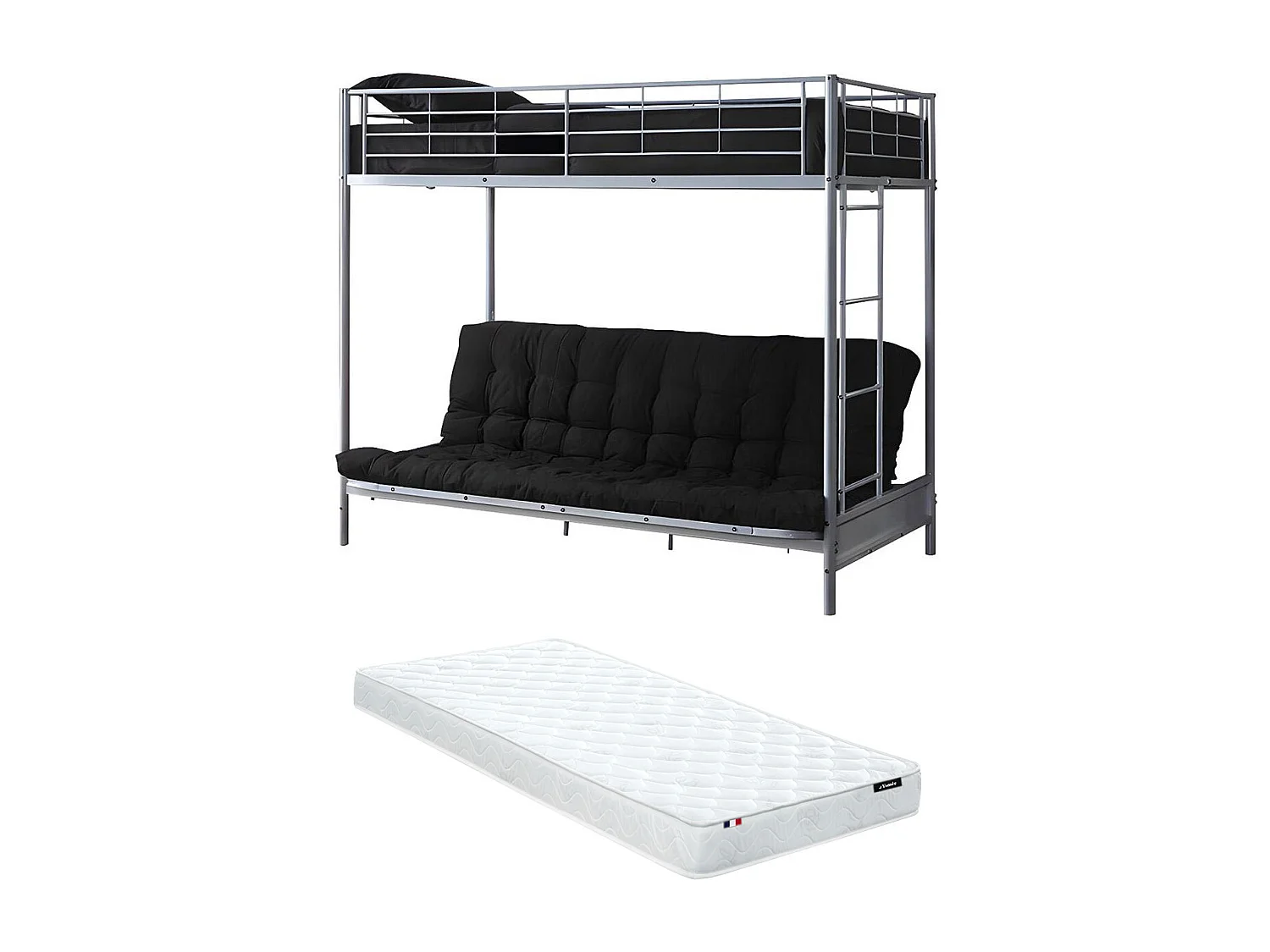 Cama alta 90 x 190 cm - Con banco convertible - metal - plata + Futón + colchón - MODULO V
