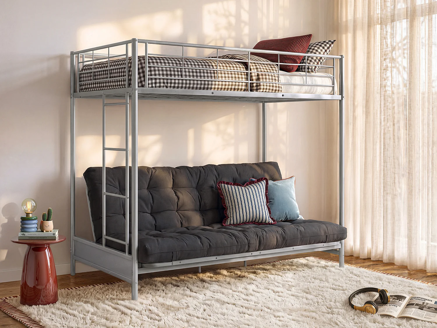 Cama alta 90 x 190 cm com banco convertível metal prateado + futon + colchão - MODULO V