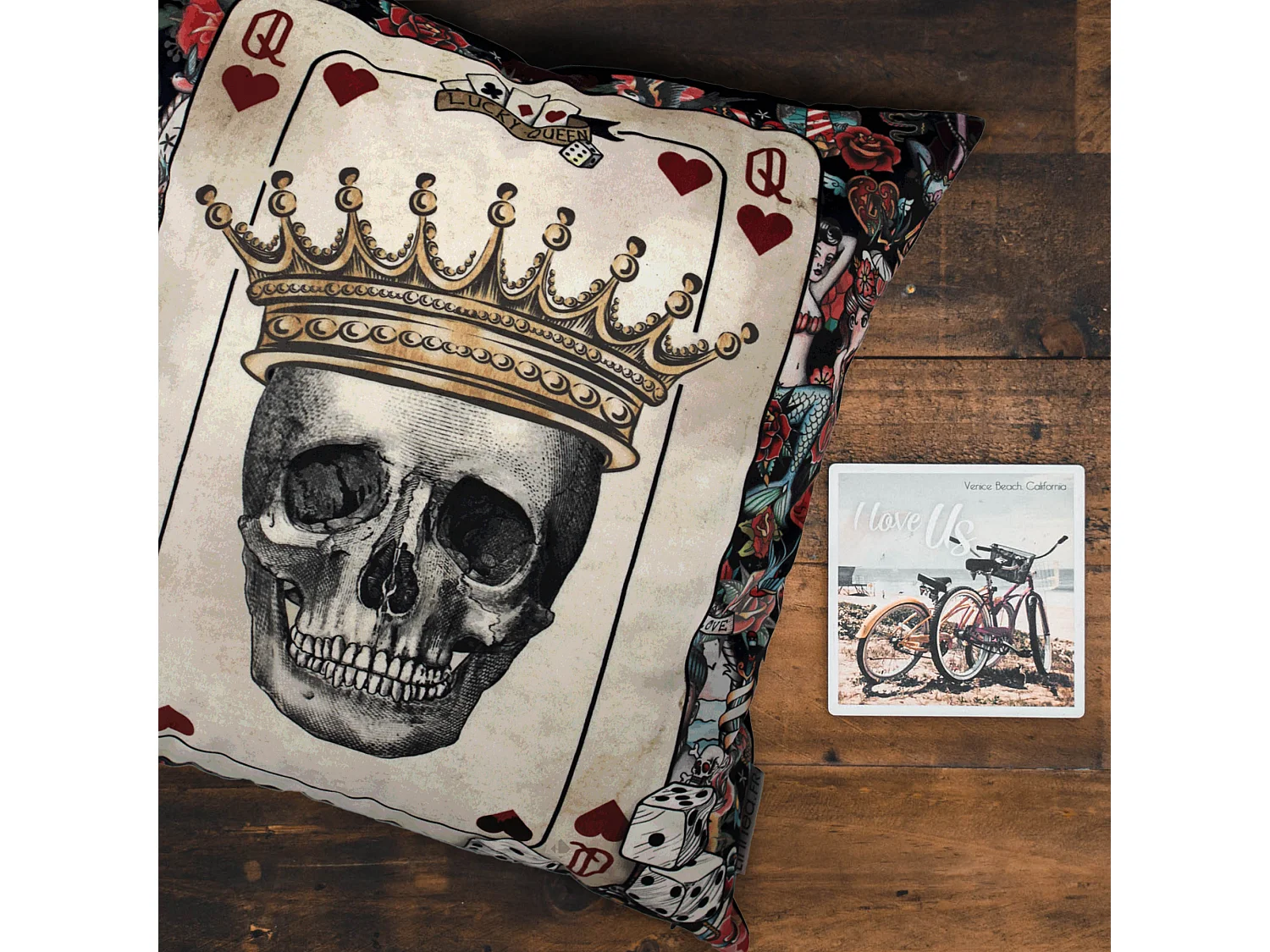 Housse de coussin 45x45 cm Tête de mort Dame de coeur