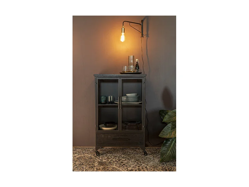 FERRE - Vitrine à roulettes en acier et bois noir H 105