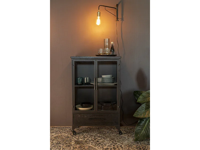 FERRE - Vitrine à roulettes en acier et bois noir H 105