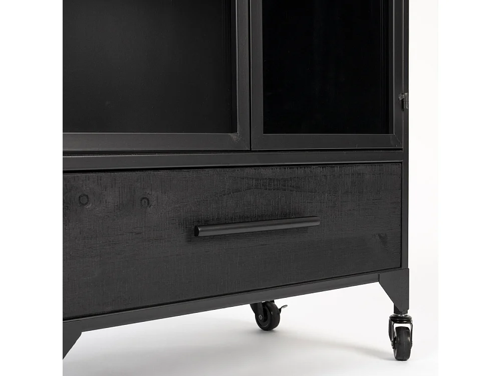 FERRE - Vitrine à roulettes en acier et bois noir H 105