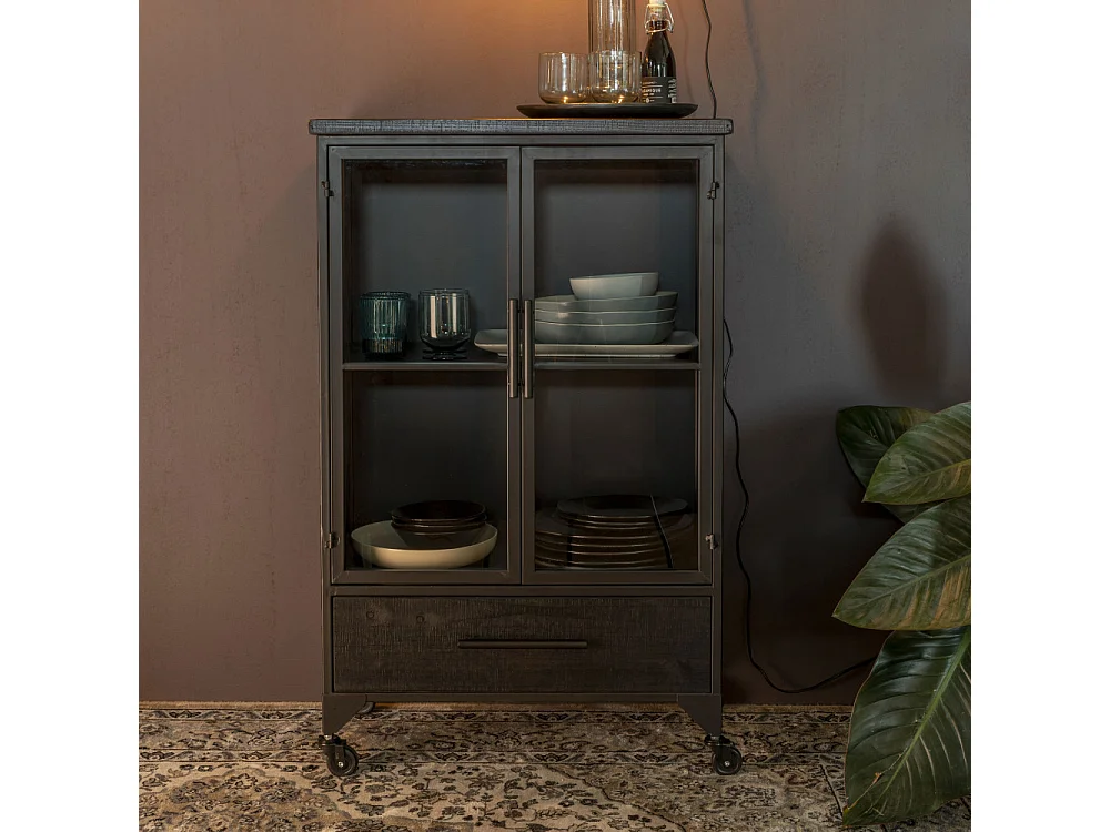 Ferre - Vitrine en bois et métal à roulettes H105cm - Couleur - Noir