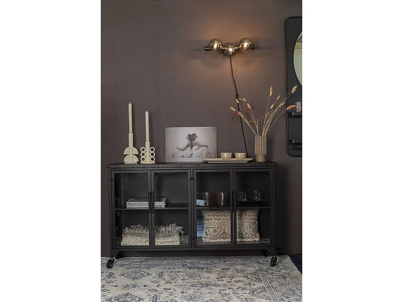 FERRE - Vitrine basse à roulettes en acier et bois L120