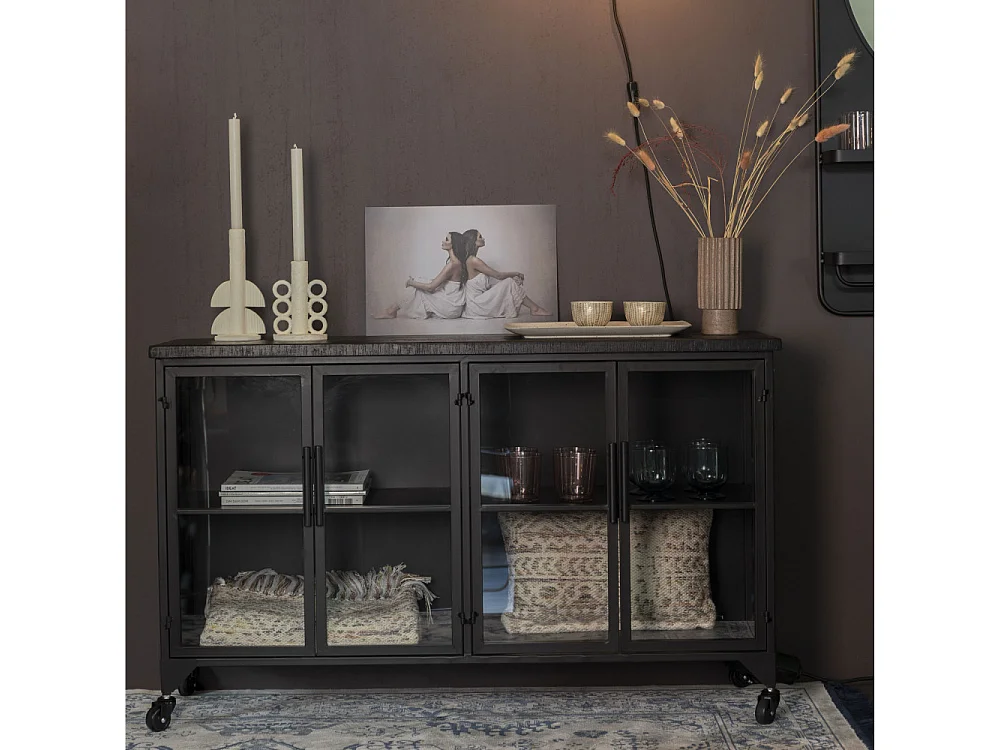 Ferre - Buffet en bois et métal à roulettes L120cm : Couleur - Noir