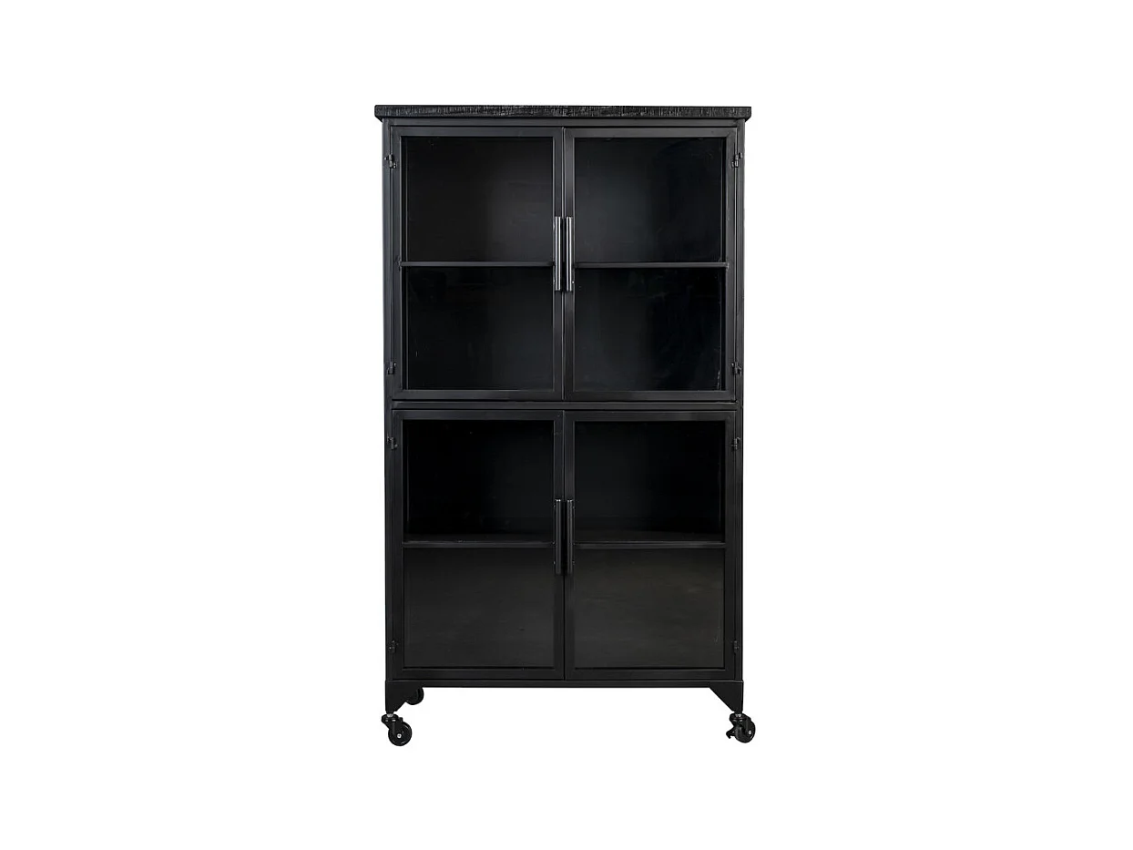 FERRE - Vitrine haute en acier et bois noir à roulettes H 133