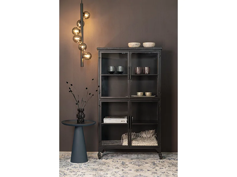 FERRE - Vitrine haute en acier et bois noir à roulettes H 133