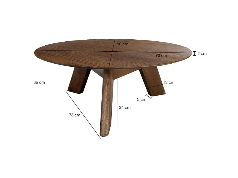 Table basse ronde en bois brun D.90 cm avec 3 pieds inclinés - ZARA
