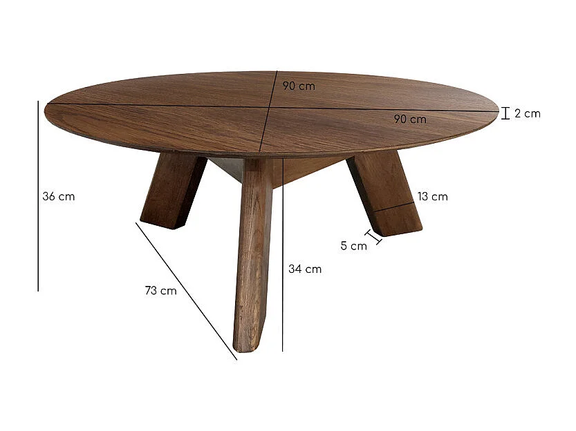 Table basse ronde en bois brun D.90 cm avec 3 pieds inclinés - ZARA