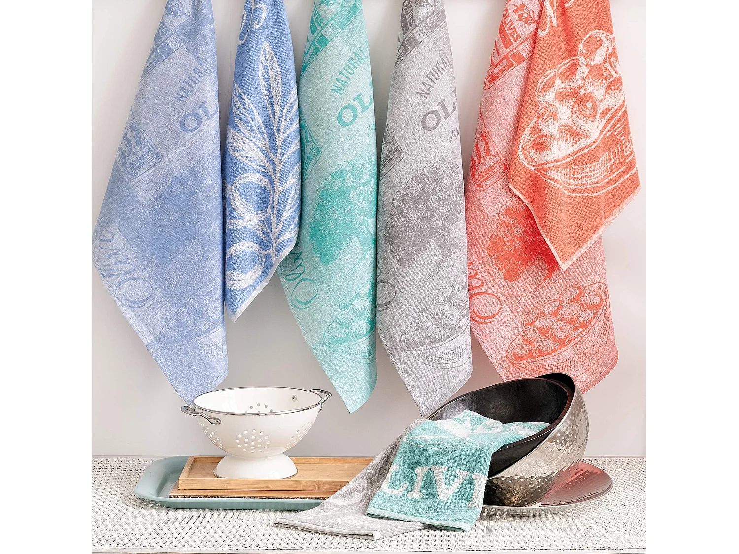 Lot de 2 torchons de cuisine toile 50x70 cm OLIVES vert coton et lin