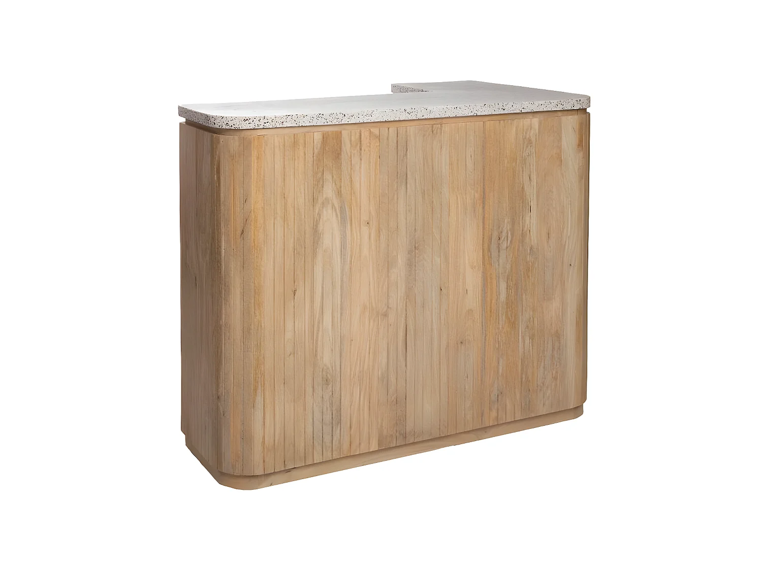 Barra de esquina de madera de mango y terrazo con almacenamiento y estilo contemporáneo