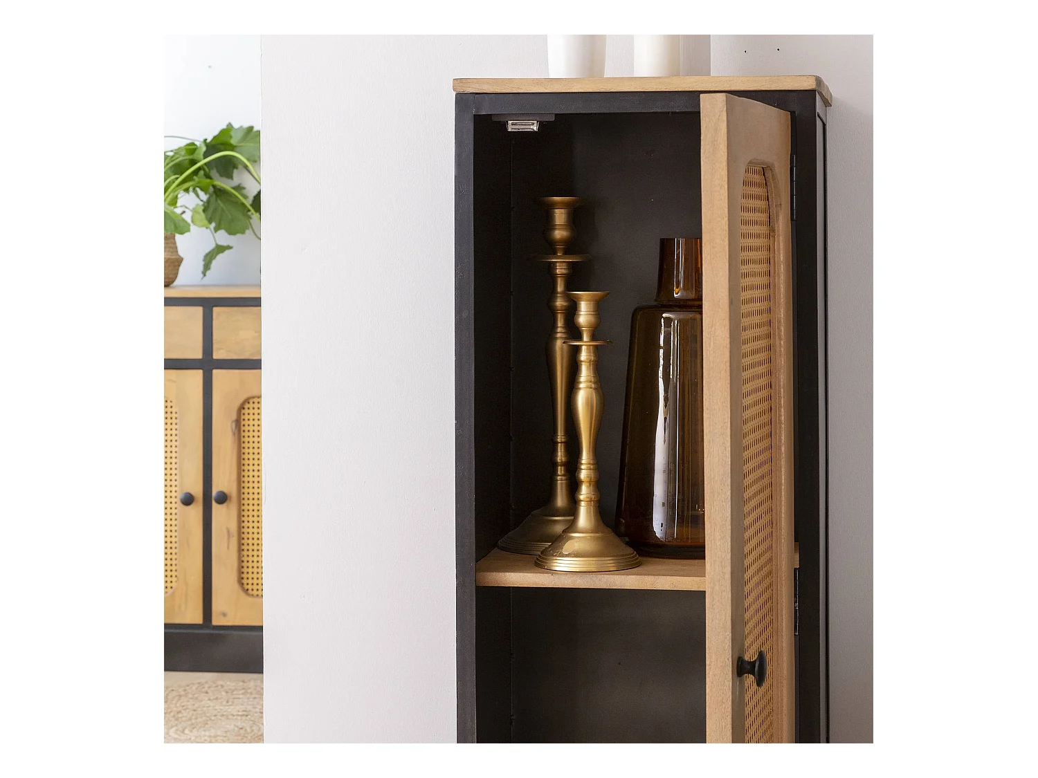 Colonne en bois de manguier et cannage Ezra