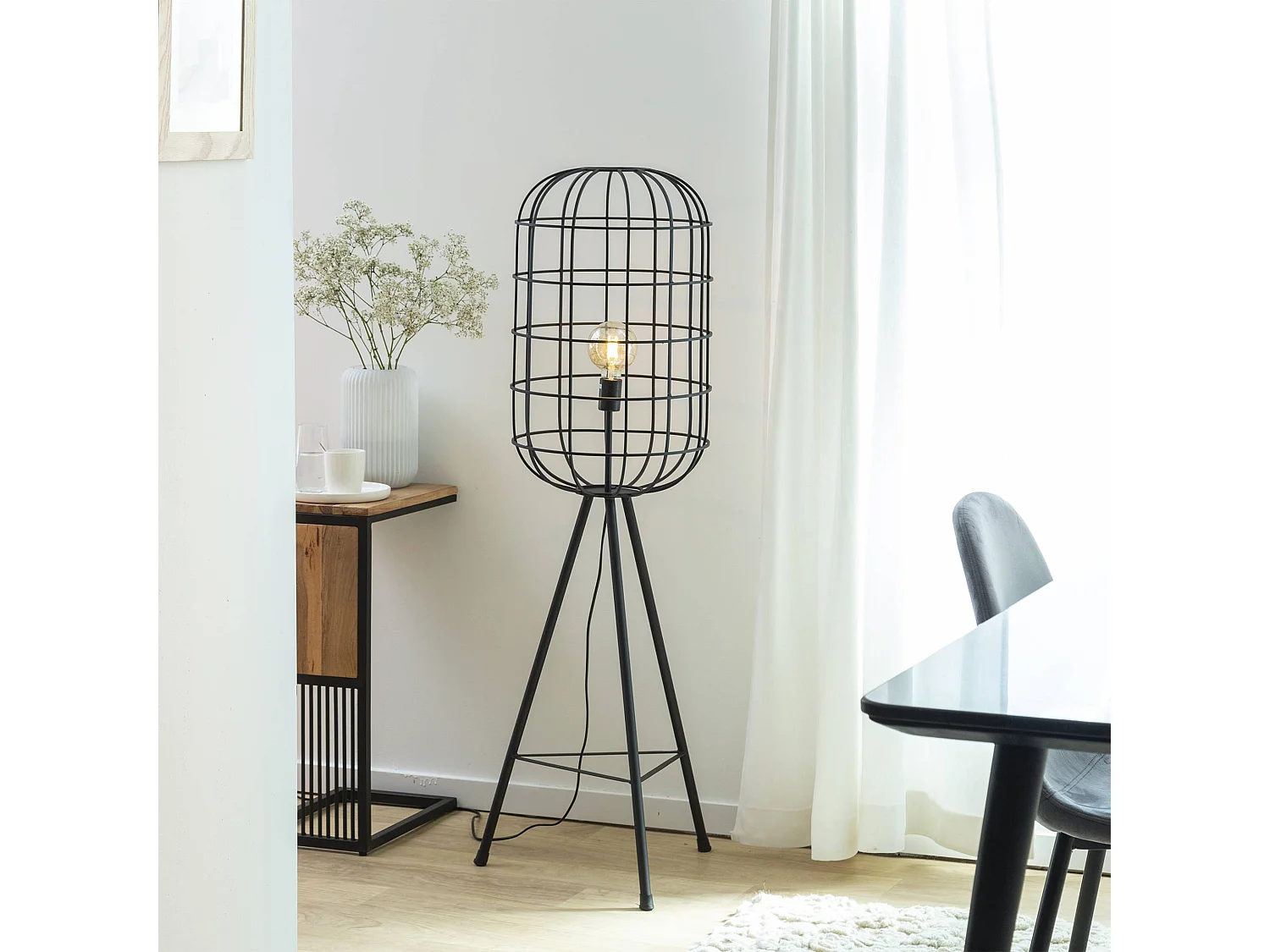 Mesa auxiliar industrial de madera de acacia y metal Mattia