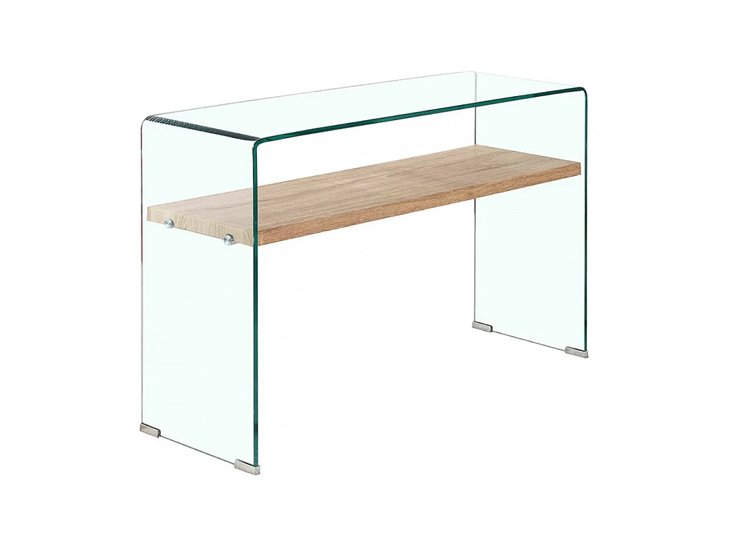Console en verre trempé L. 125 cm étagère décor chêne clair - ICE