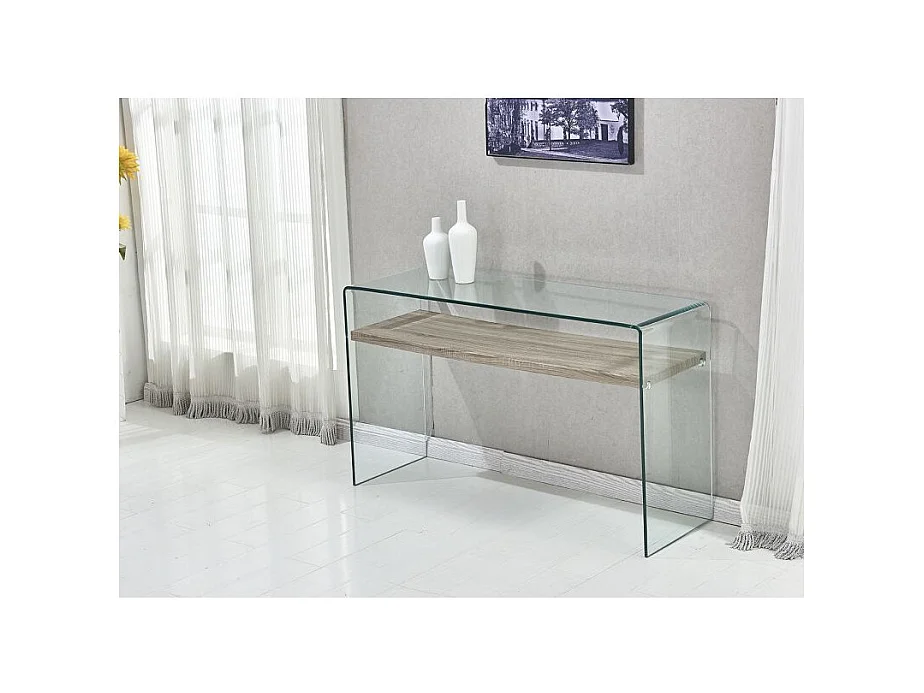 Console en verre trempé L. 125 cm étagère décor chêne clair - ICE