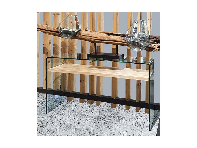 Console en verre trempé L. 125 cm étagère décor chêne clair - ICE