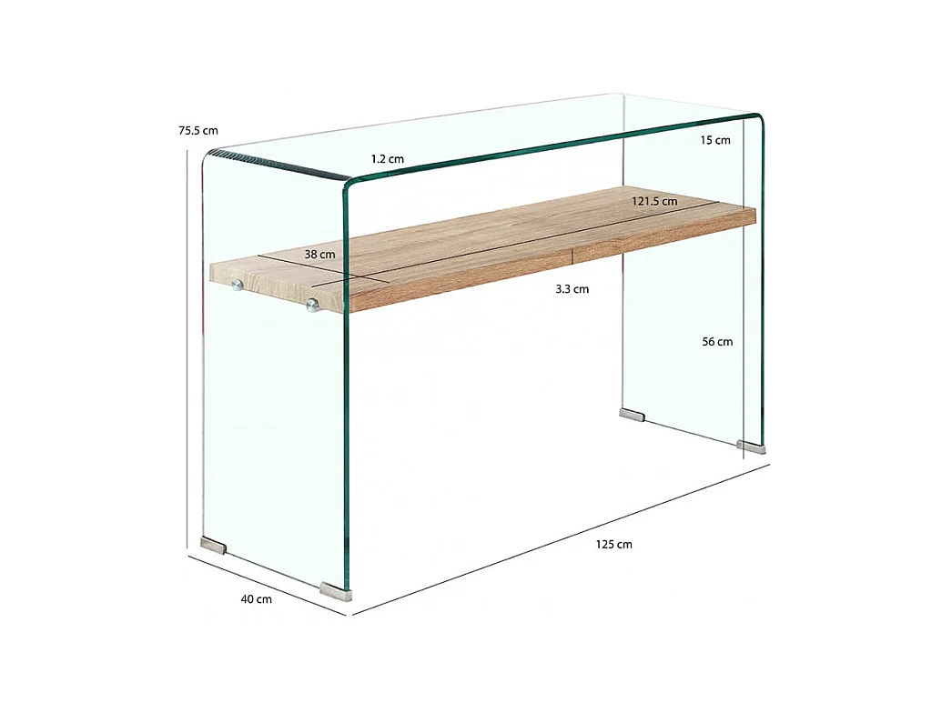 Console en verre trempé L. 125 cm étagère décor chêne clair - ICE