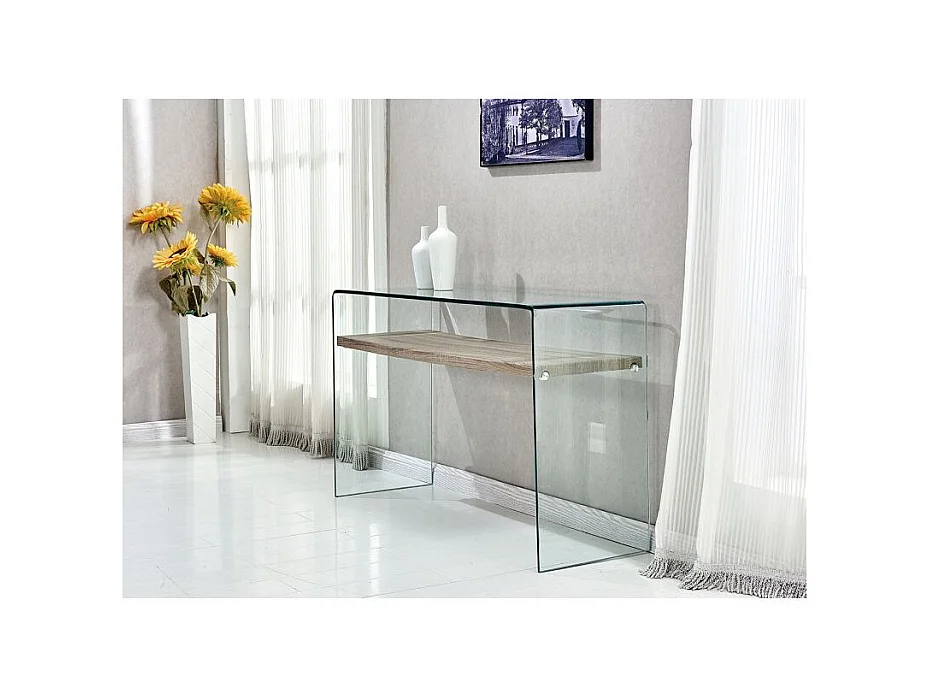 Console en verre trempé L. 125 cm étagère décor chêne clair - ICE