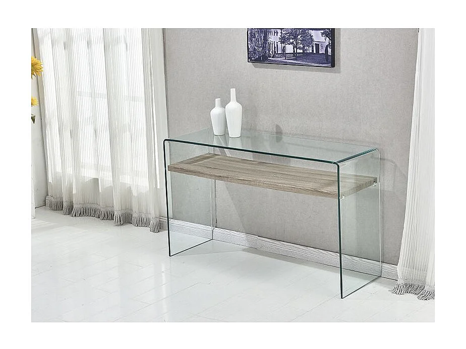 Console en verre trempé L. 125 cm étagère décor chêne clair - ICE
