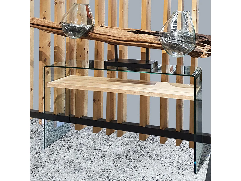 Console en verre trempé L. 125 cm étagère décor chêne clair - ICE