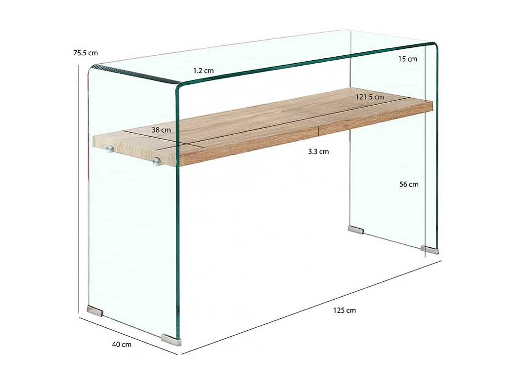 Console en verre trempé L. 125 cm étagère décor chêne clair - ICE