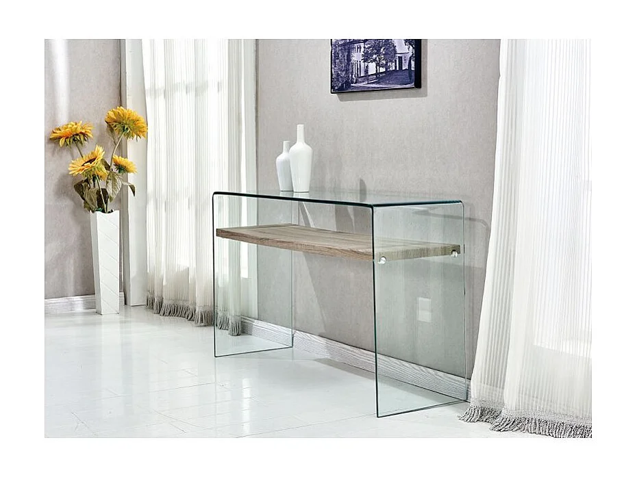 Console en verre trempé L. 125 cm étagère décor chêne clair - ICE