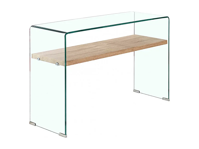 Console en verre trempé L. 125 cm étagère décor chêne clair - ICE