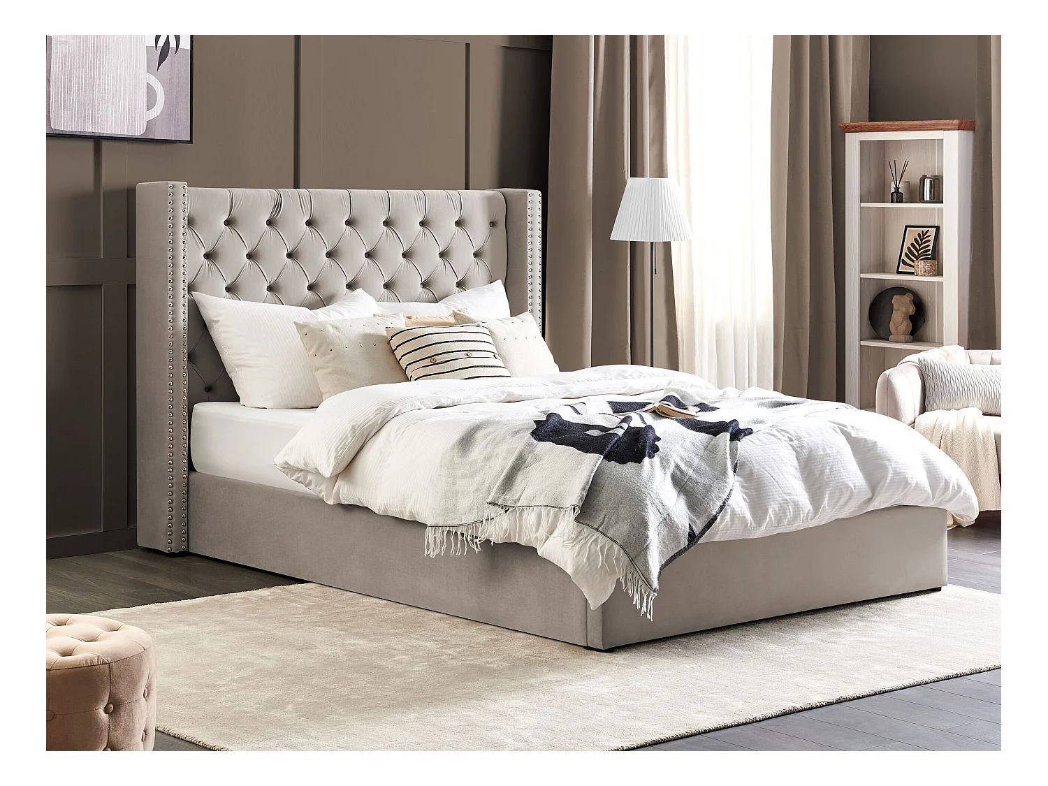 Cama baú Veludo LUBBON 180 x 200 cm Cinzento claro