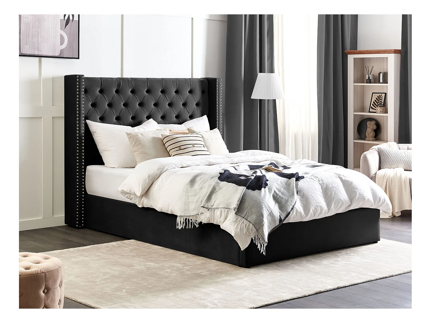 Cama con almacenaje Terciopelo LUBBON 160 x 200 cm Negro