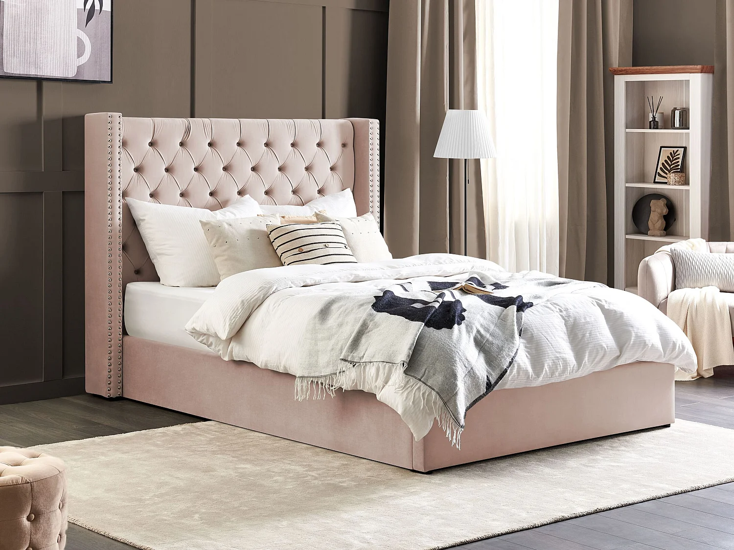 Lit ottoman Velours LUBBON 160 x 200 cm Rose pastel Rose