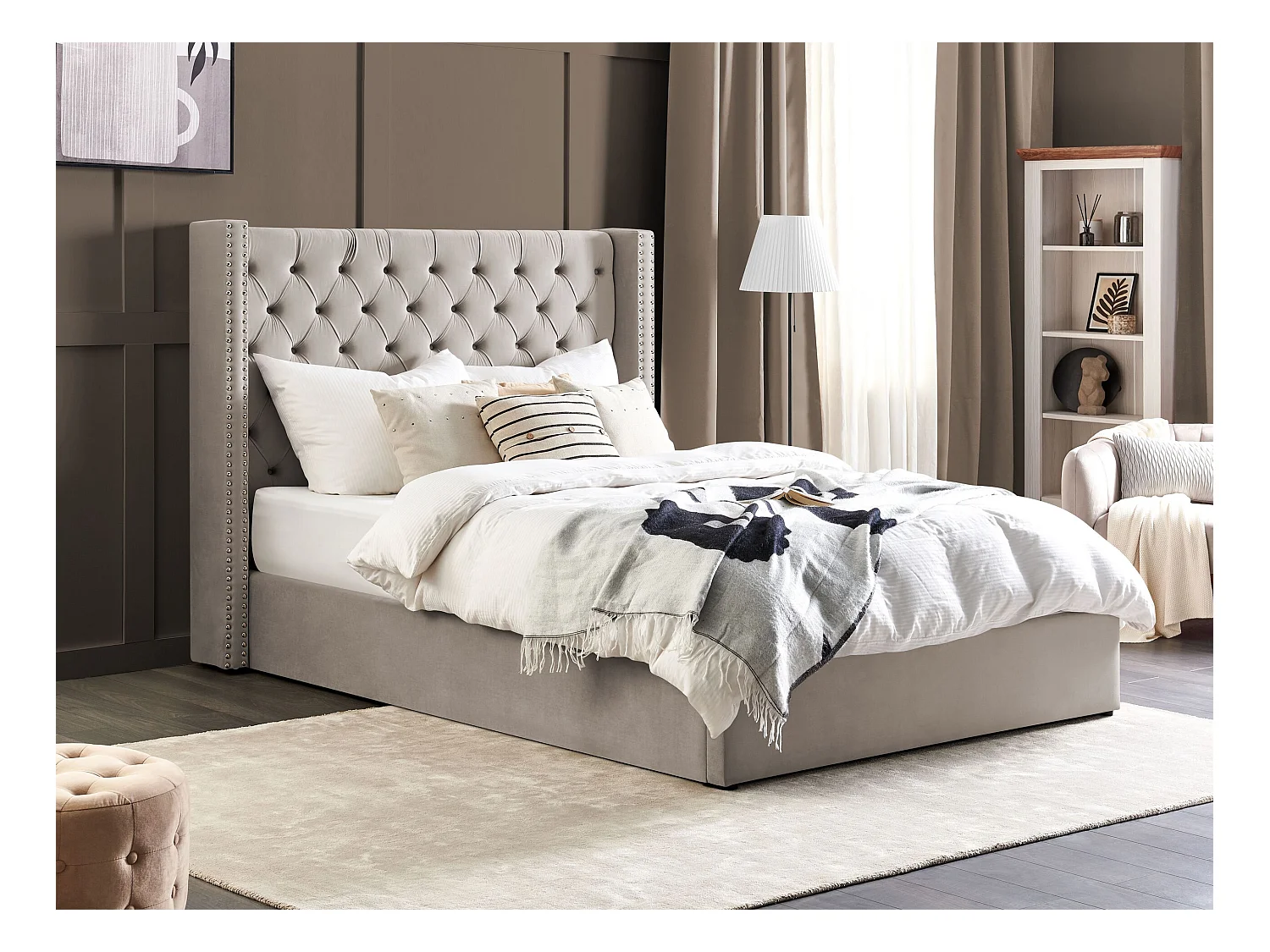 Lit ottoman Velours LUBBON 160 x 200 cm Gris clair