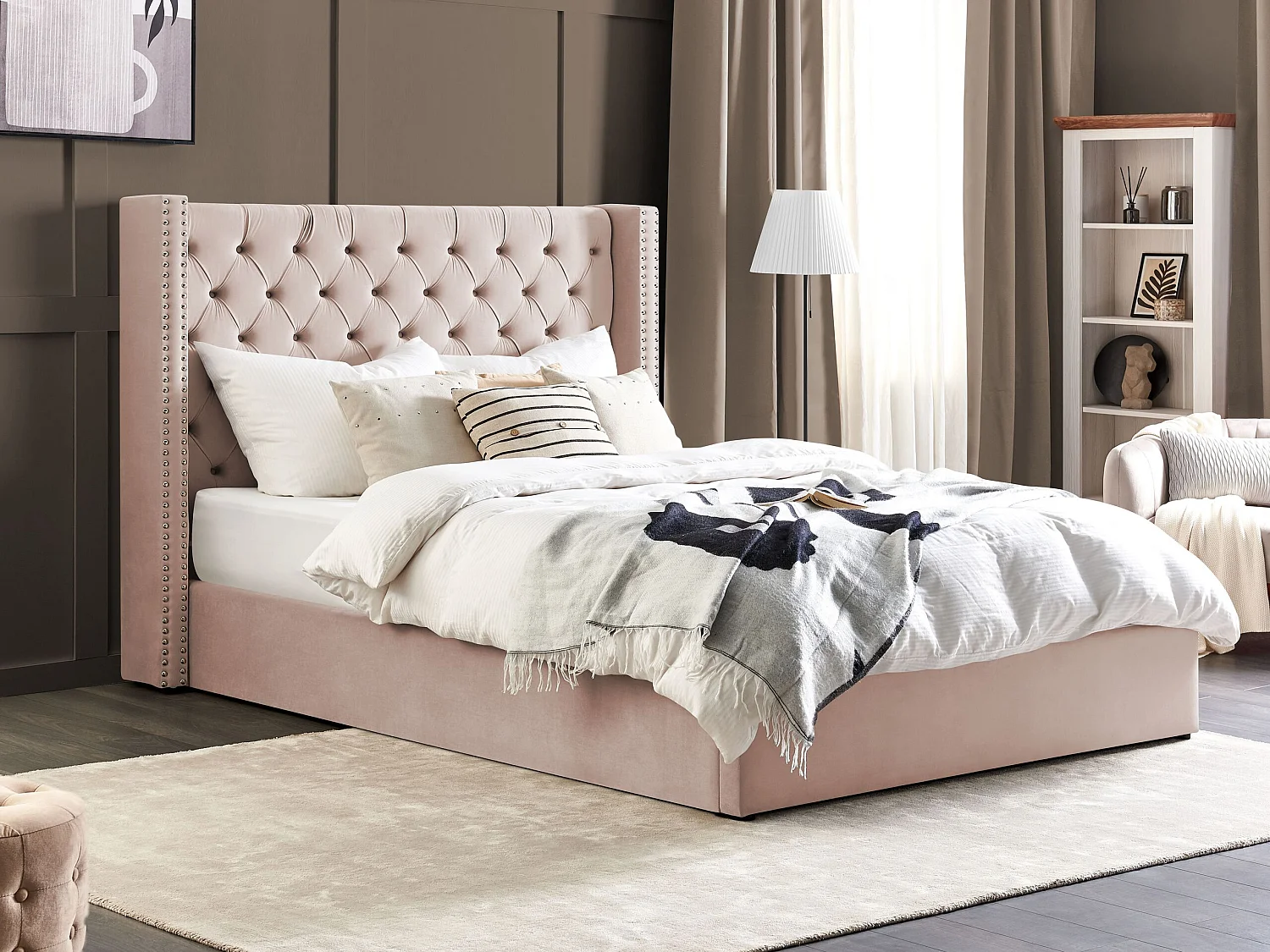 Lit ottoman Velours LUBBON 180 x 200 cm Rose pastel Rose