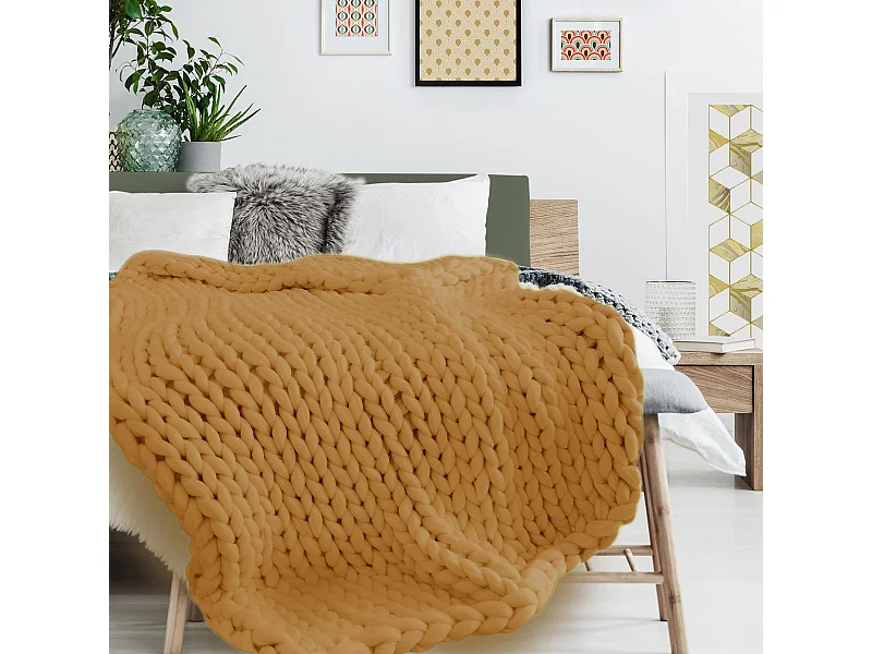 Plaid tricoté grosse maille 120x150 cm CHUNKY Jaune