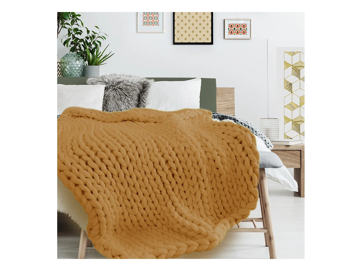 Plaid tricoté grosse maille 120x150 cm CHUNKY Jaune