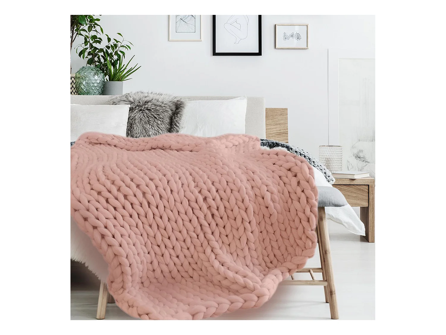 Plaid tricoté grosse maille 120x150 cm CHUNKY Rose
