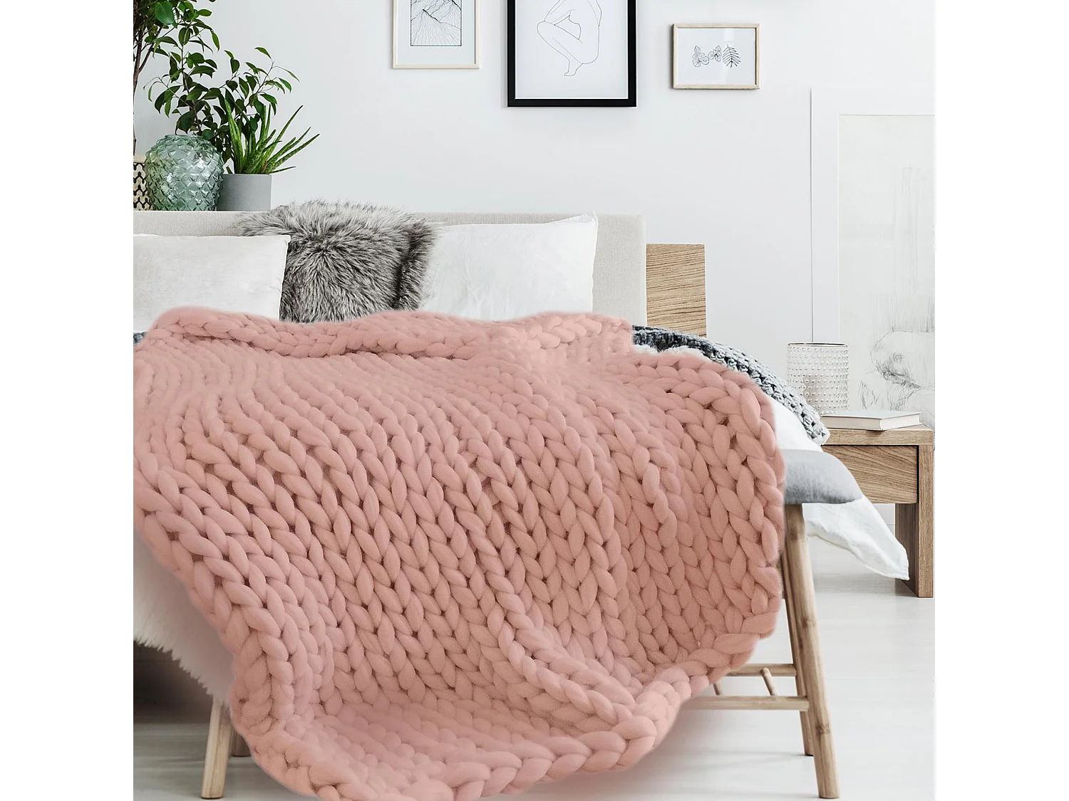 Plaid tricoté grosse maille 120x150 cm CHUNKY Rose