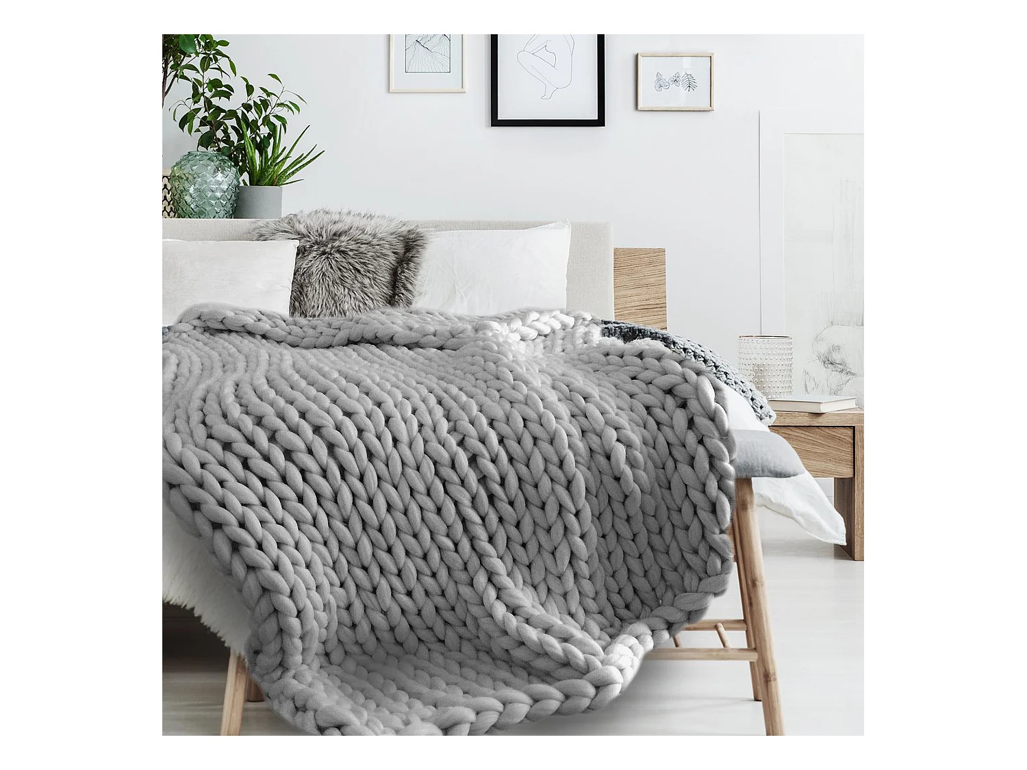 Plaid tricoté grosse maille 120x150 cm CHUNKY Gris