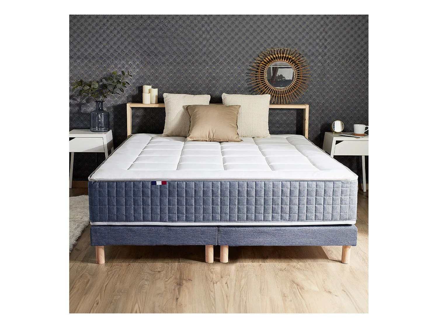 Sommier tapissier à lattes bleu denim made in France Dimensions - 2x90 x 200 cm