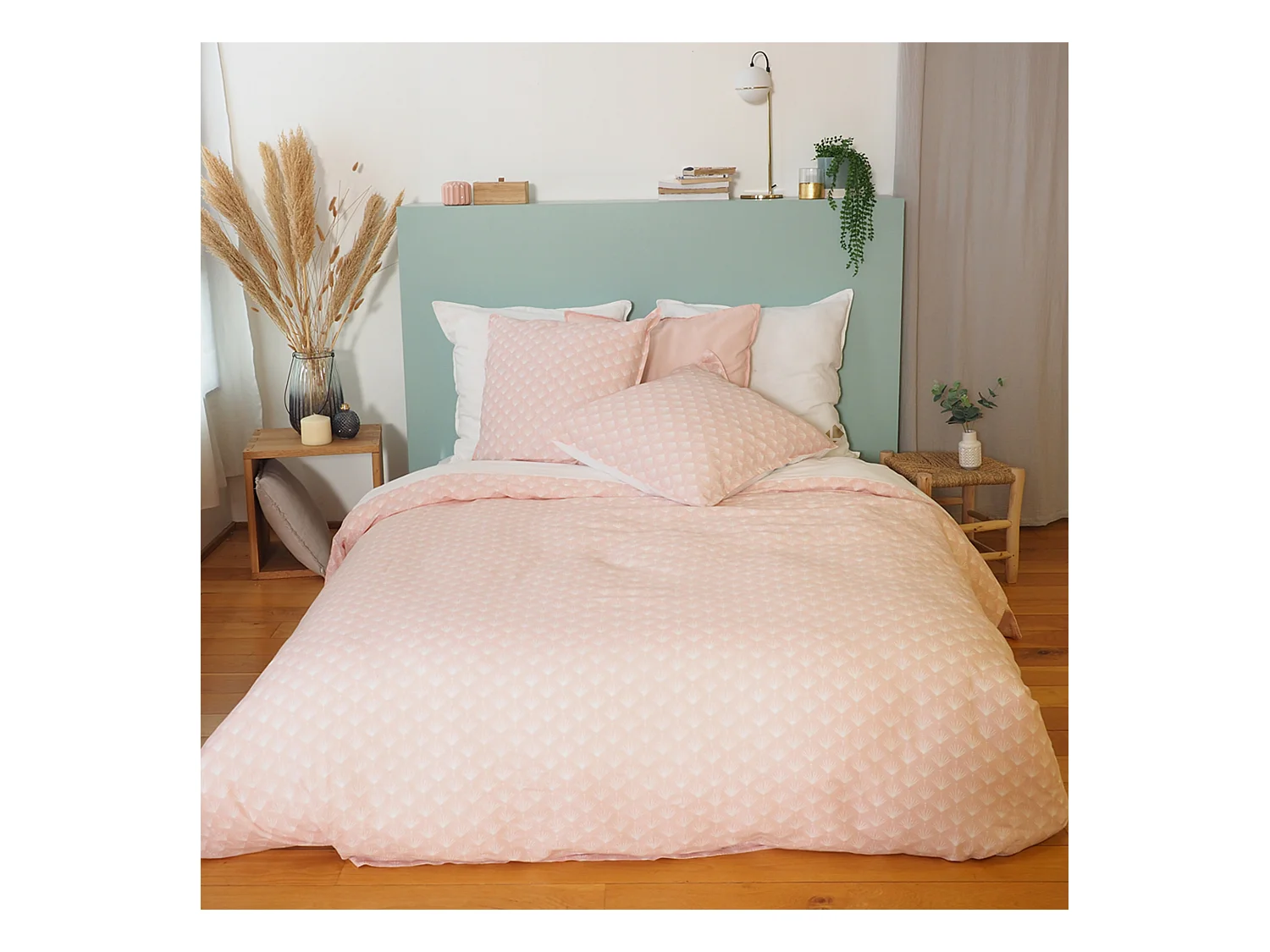 Parure de lit 240x220 cm Coton et Lin lavé EVI Rose 3 pièces