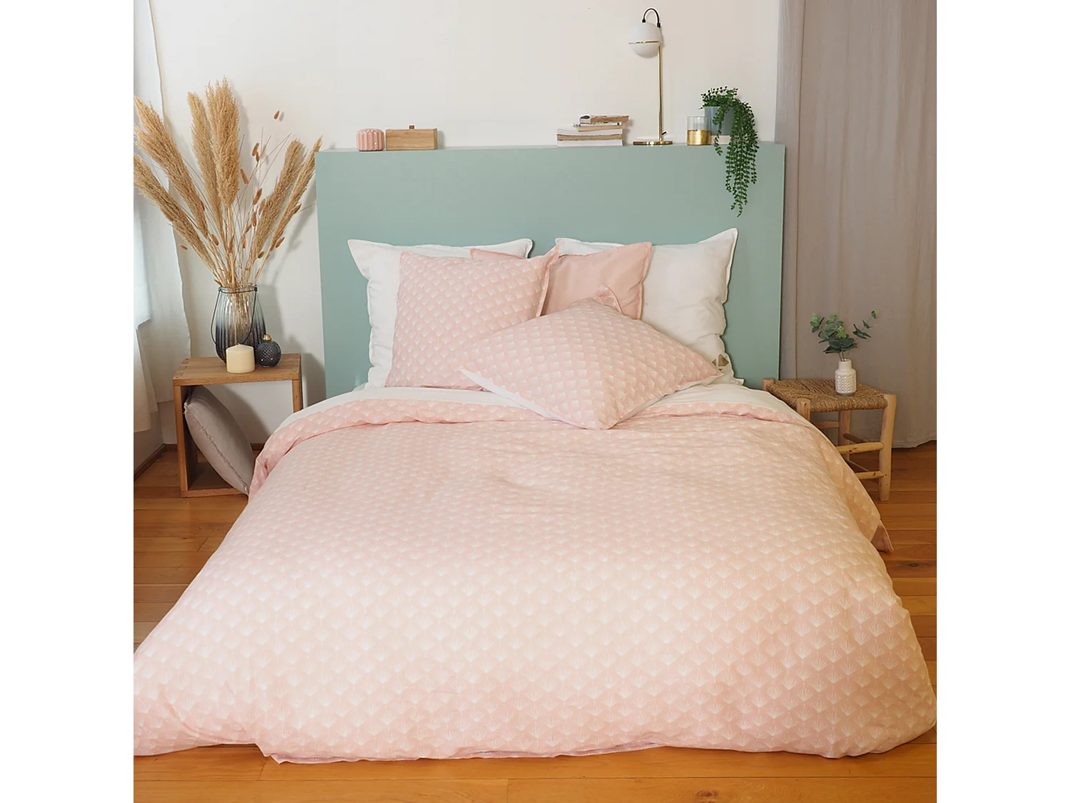 Parure de lit 240x220 cm Coton et Lin lavé EVI Rose 3 pièces