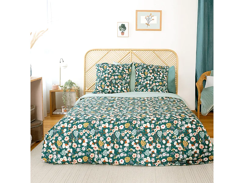 Parure de lit 260x240 cm microfibre CUEILLETTE vert 3 pièces
