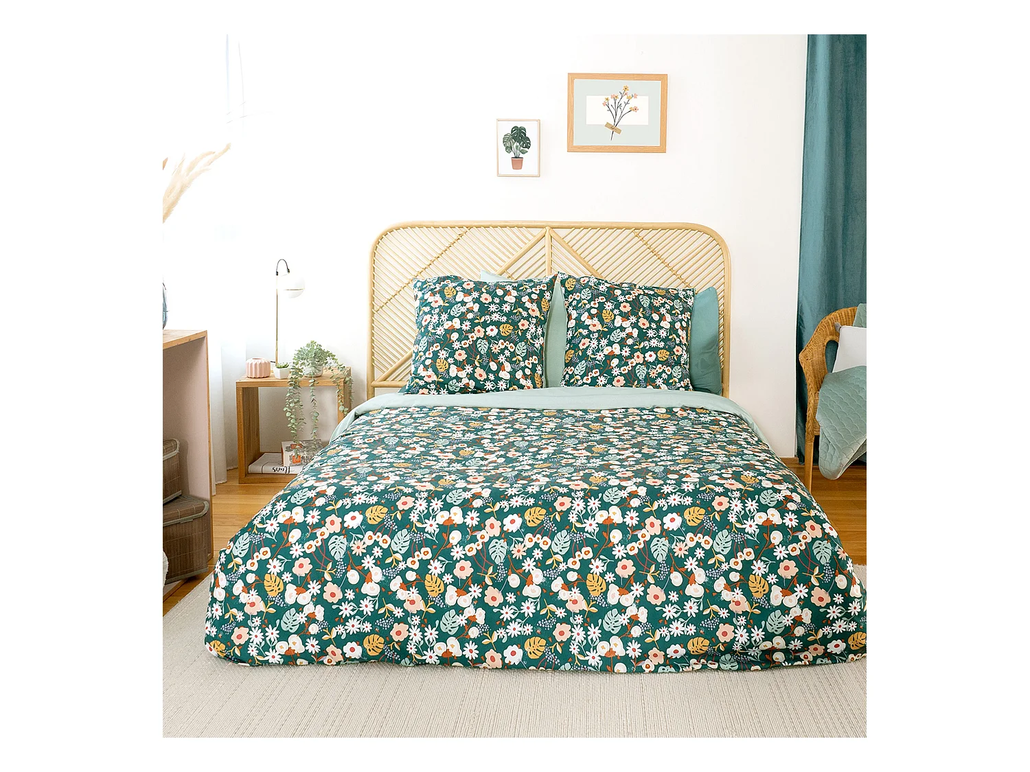 Parure de lit 260x240 cm microfibre CUEILLETTE vert 3 pièces