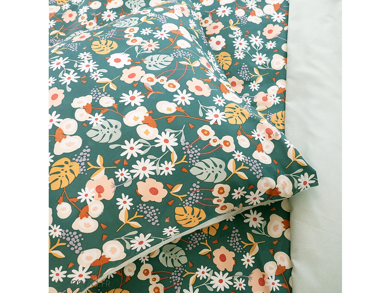 Parure de lit 260x240 cm microfibre CUEILLETTE vert 3 pièces