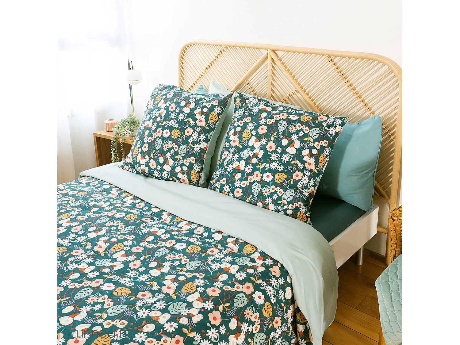 Parure de lit 260x240 cm microfibre CUEILLETTE vert 3 pièces