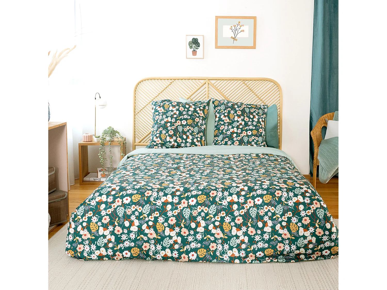 Parure de lit 260x240 cm microfibre CUEILLETTE vert 3 pièces